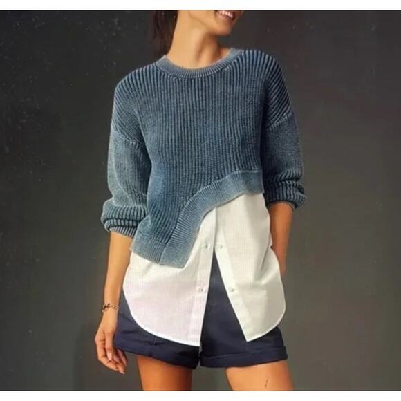 Pilcro Asymmetrical Twofer Sweater Womens XXS Blue White Oversized Slouchy - Picture 1 of 6